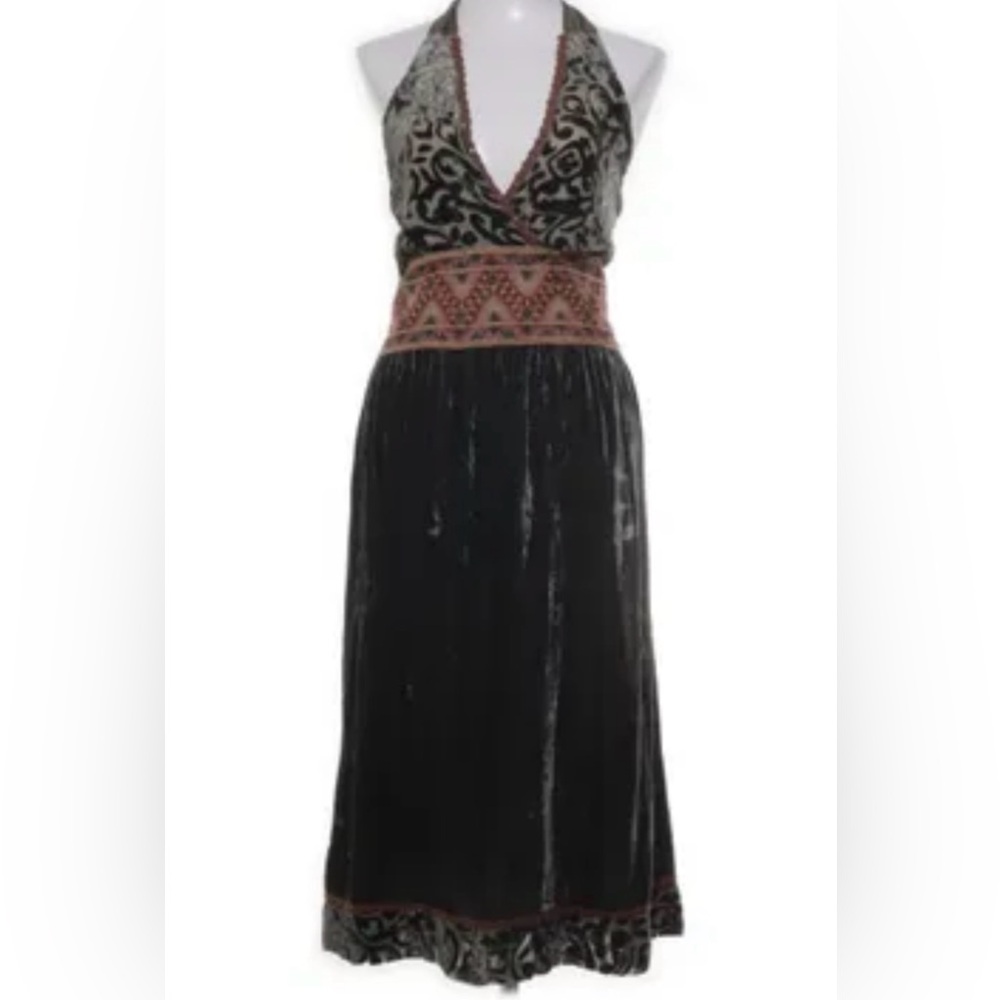 Hale Bob Bohemian V-Neck Velvet Satin Halter Dress in Green and Coral